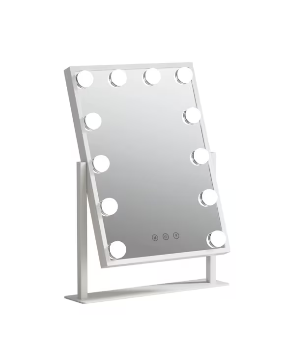 白色 LED 化妆镜正面图，镜面四周环绕 9 颗圆形补光灯珠，配有稳固桌面支架和底部触控按钮。