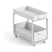 白色双层抽拉式置物架，底部带万向轮，上层为镂空沥水篮，下层为收纳抽屉，纯白背景展示。