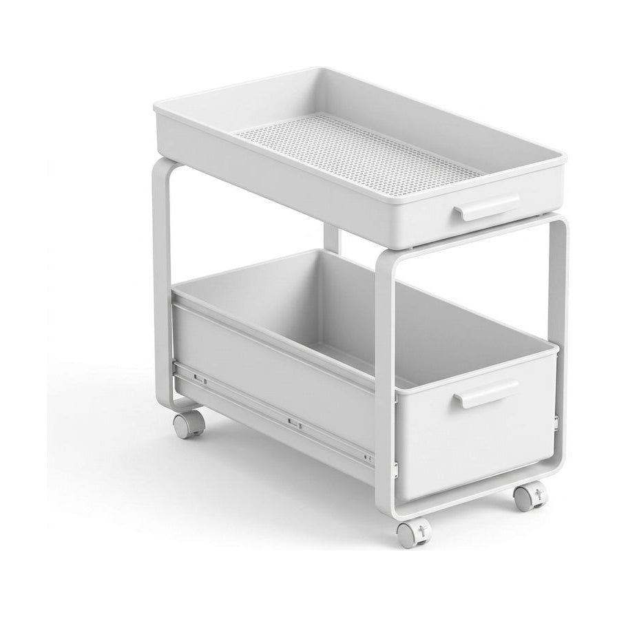 白色双层抽拉式置物架，底部带万向轮，上层为镂空沥水篮，下层为收纳抽屉，纯白背景展示。