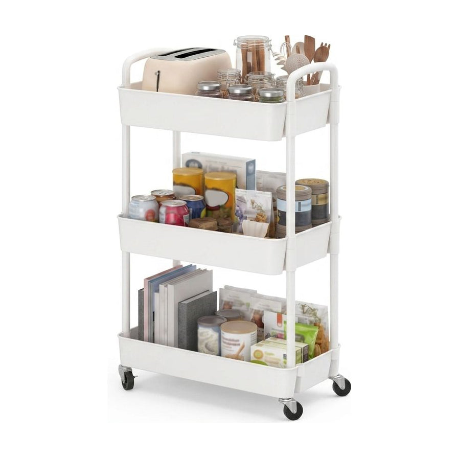 白色三层可移动置物架正面图，带锁万向轮，每层放置厨房用品、书籍和零食，纯白背景。