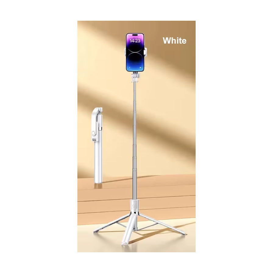白色款1.7米自拍杆在暖色背景下的落地展示，侧边附带折叠后的紧凑形态对比。