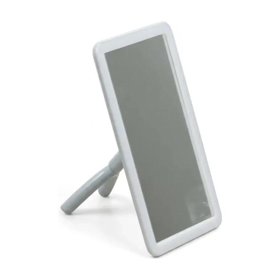 白色方形台式化妆镜正面展示，配有背部支撑杆，纯白背景。