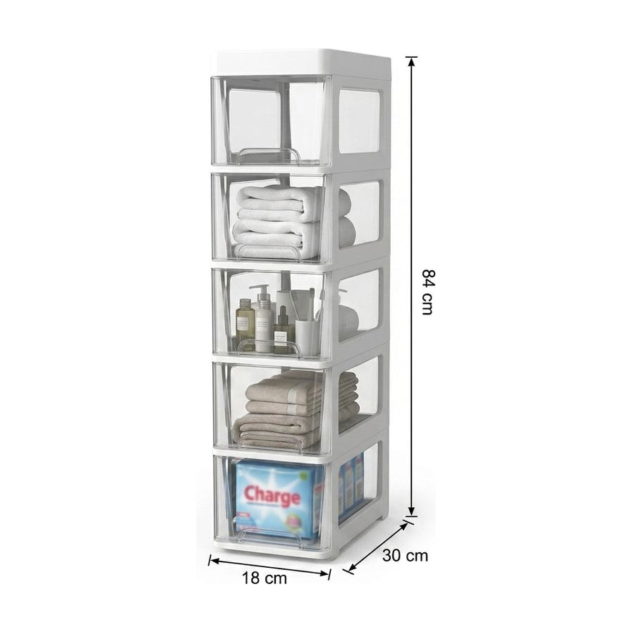 白色五层收纳柜侧面尺寸参考图，清晰标注了整体高度 84cm、宽度 18cm 和深度 30cm。