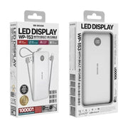 WK DESIGN WP - 153 移动电源包装盒展示，白色机身带有 LED 数字电量显示屏，内置多头充电线，包装上标有 10000mAh 容量。