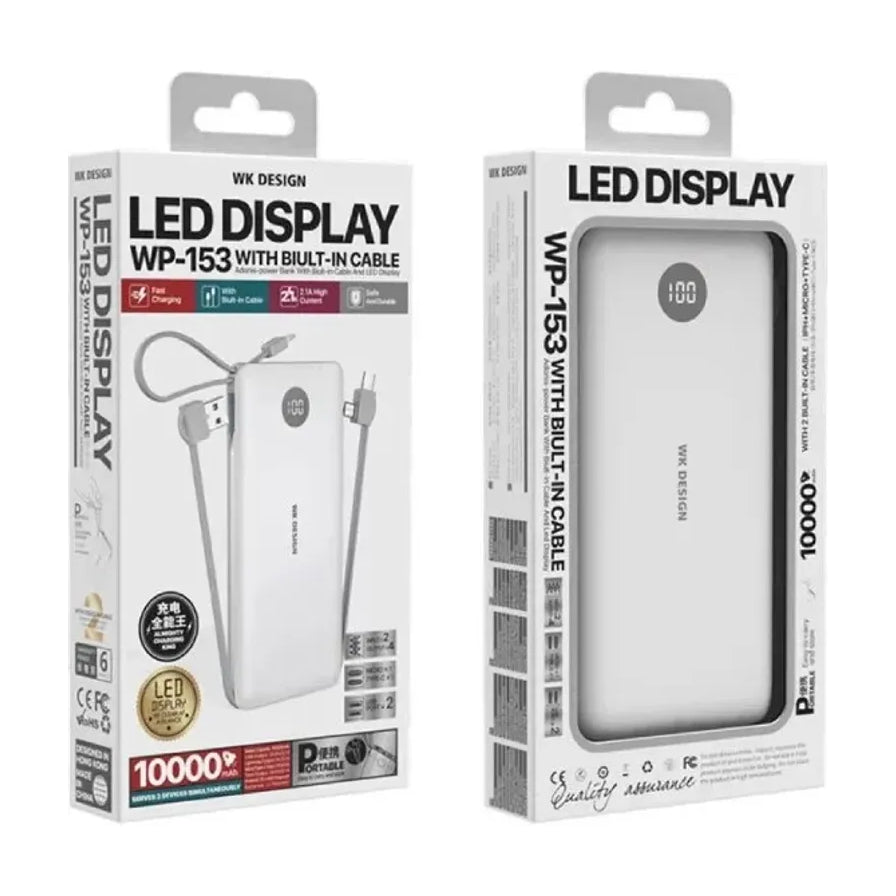 WK DESIGN WP - 153 移动电源包装盒展示，白色机身带有 LED 数字电量显示屏，内置多头充电线，包装上标有 10000mAh 容量。
