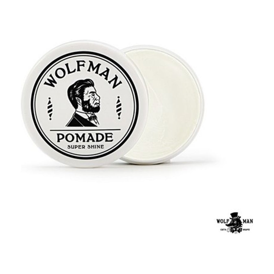 Wolfman 男士发油产品正面展示，右下角带有品牌黑色剪影 Logo 水印。