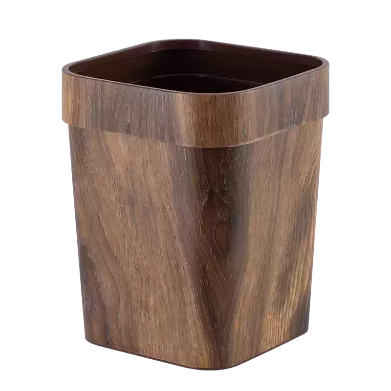 复古木纹小方垃圾桶木纹色款式，展示双层压圈固定垃圾袋的细节。