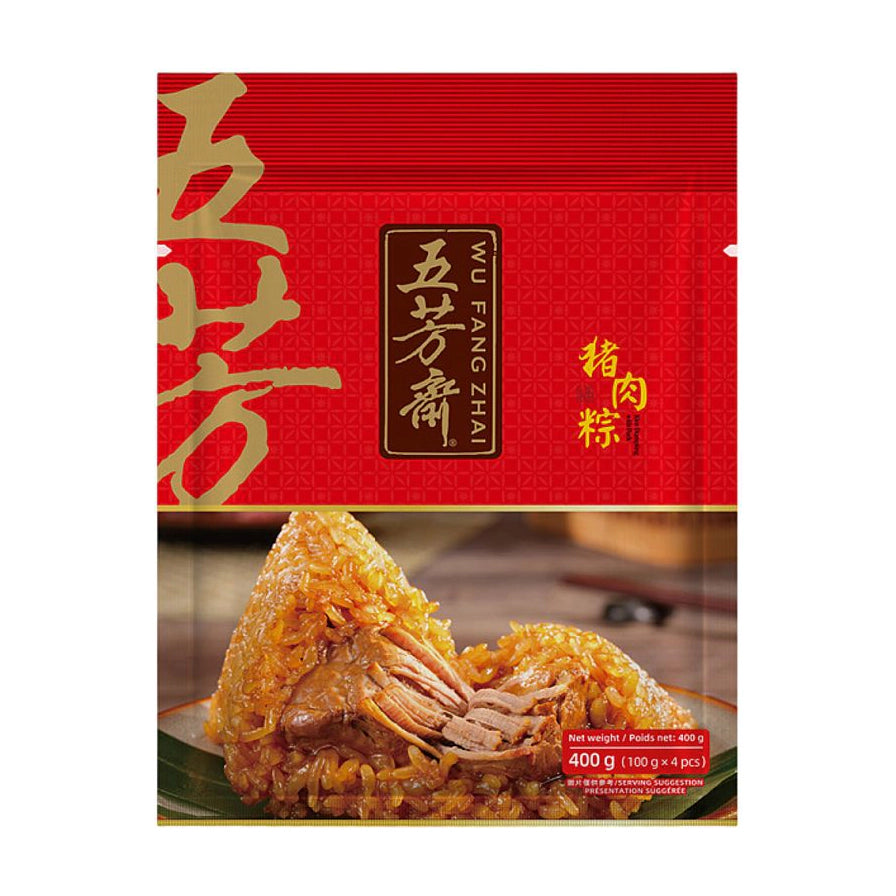 五芳斋猪肉粽400g包装正面图，红色背景印有五芳斋品牌标识，下方展示剥开后的鲜肉粽子实物，可见饱满的猪肉馅料。