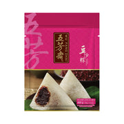 五芳斋豆沙粽400克包装正面，包含8只50克小粽子，包装展示了剥开后的糯米粽和细腻红豆沙馅料。