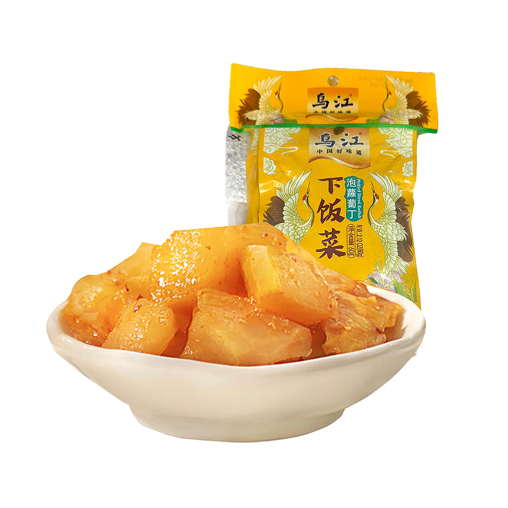 乌江泡萝卜丁 60g 四连包正面包装图，展示鲜香麻辣风味佐餐咸菜