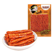 邬辣妈酒鬼豆筋香辣味零食包装正面，展示吸满红油的豆筋特写