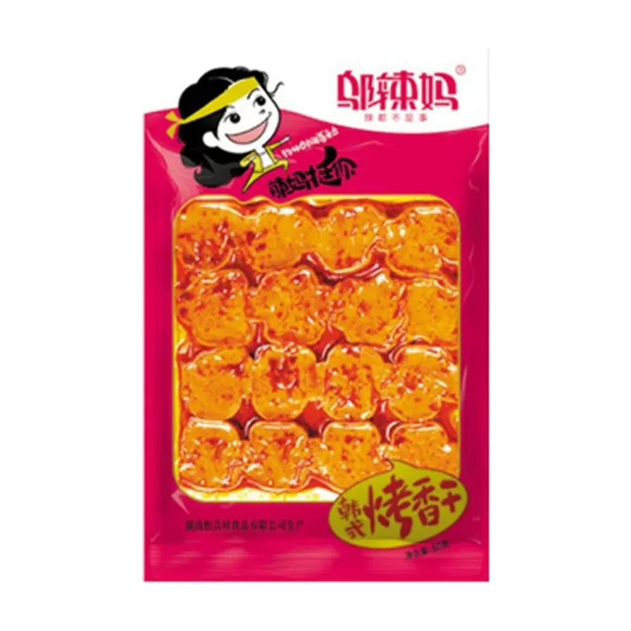 邬辣妈韩式烤香干80g包装正面图，展示了透明包装内整齐排列的香辣豆干，上方有品牌Logo和卡通形象，右下角标有韩式烤香干字样。