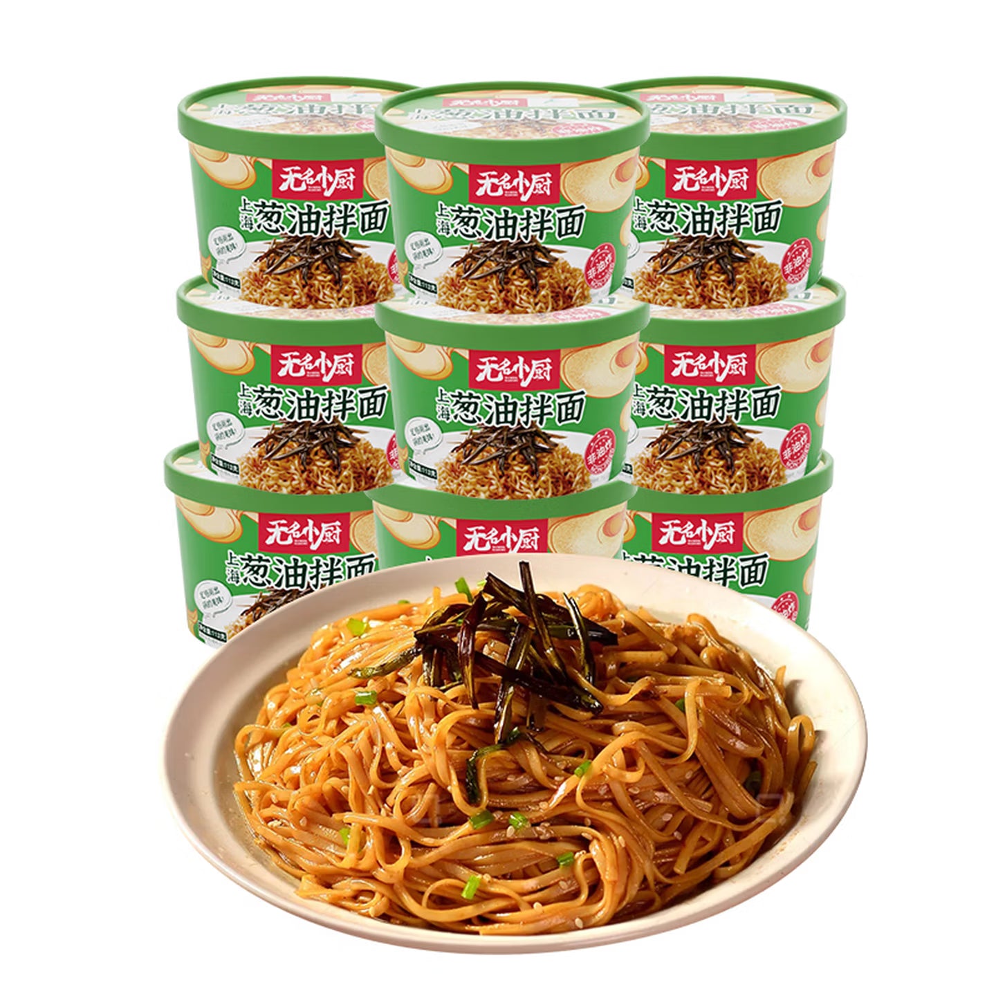 无名小厨葱油拌面包装正面，展示非油炸免煮速食面饼与酱料包。