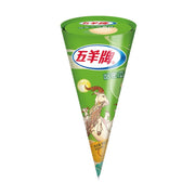 五羊牌哈密瓜味甜筒冰淇淋，绿色包装上印有经典的五羊标志和山羊插画。