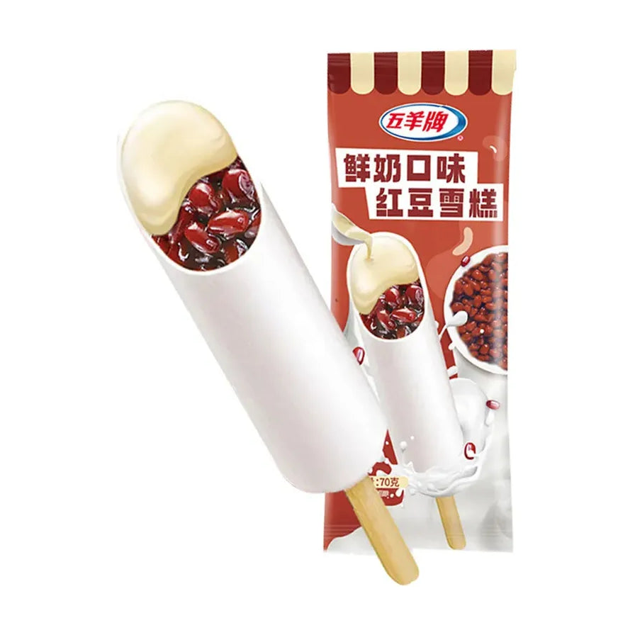 五羊牌鲜奶口味红豆雪糕，展示了白色雪糕外层包裹着饱满红豆颗粒的切面，背景为红色包装袋。