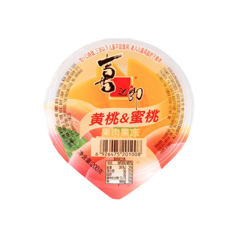 喜之郎黄桃蜜桃果肉果冻 200g 杯装，透明杯身可见大块真实果肉