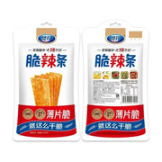 贤哥脆辣条58g包装正反面展示，白色袋装，印有薄片脆辣条图案及“就这么干脆”字样，背面包含详细配料表和营养成分表。