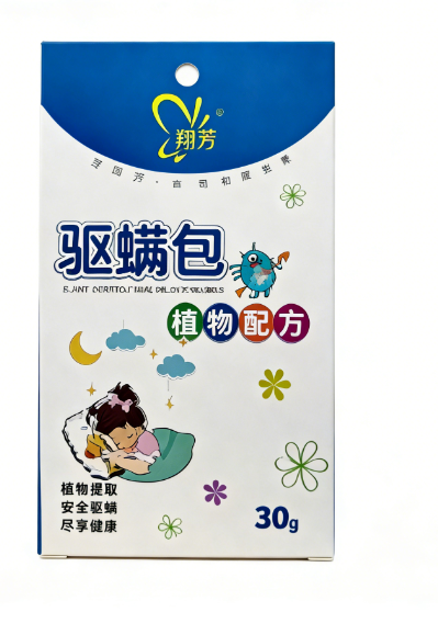 翔芳植物精油驱螨包独立包装正面图，30g 天然萃取小包用于卧室衣柜防螨