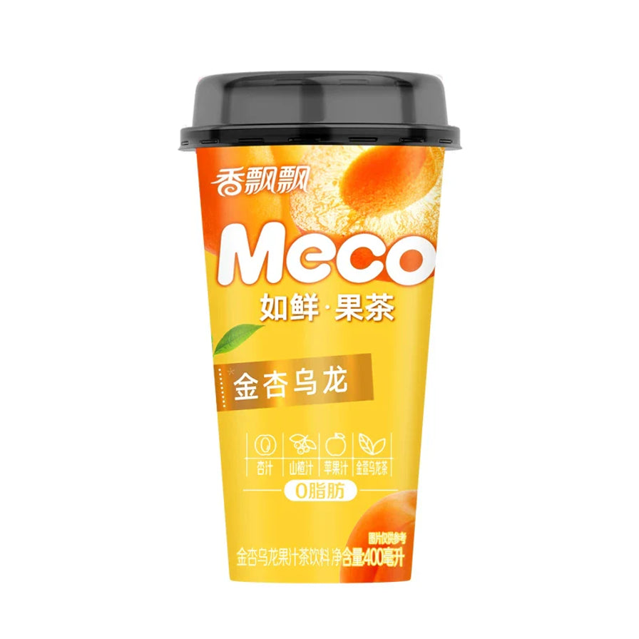 香飘飘Meco蜜谷果汁茶金杏乌龙口味，黄色杯身印有金杏图案，标注0脂肪及如鲜果茶卖点。