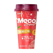 香飘飘Meco蜜谷果汁茶桃桃红柚口味，400ml杯装，红色包装印有红柚切面，标注0脂肪及25%果汁含量。