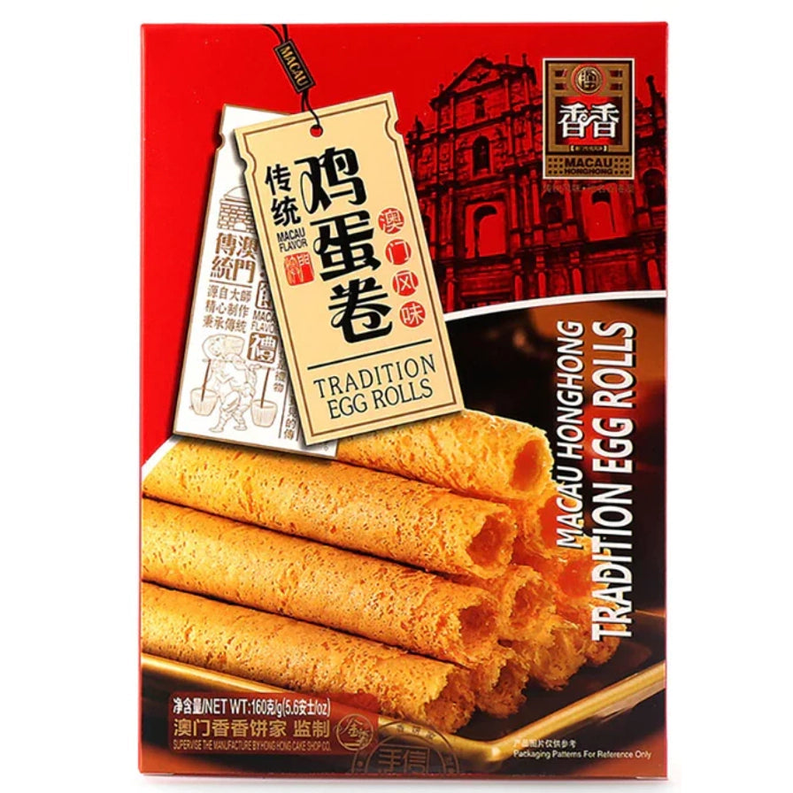 香香澳门手信传统鸡蛋卷包装盒，展示层层酥脆的金黄色蛋卷
