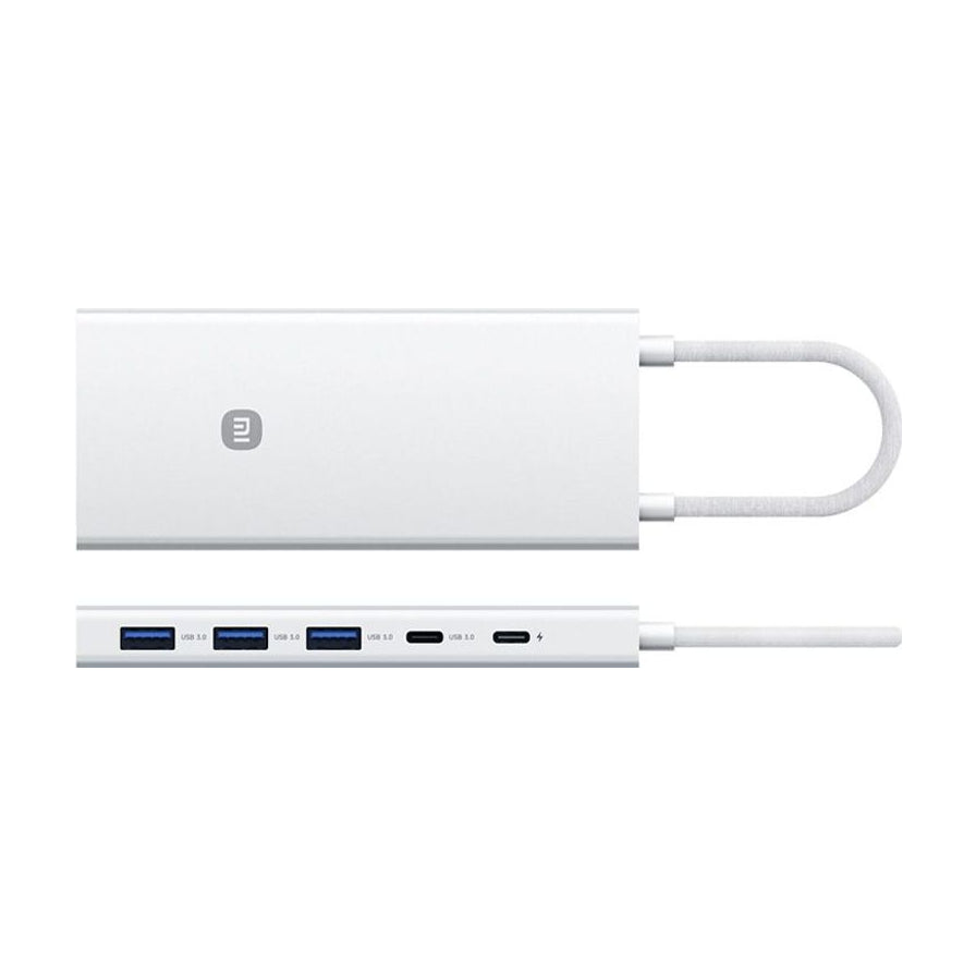 小米十合一扩展坞的正面视角和侧面接口展示，包含三个USB 3.0接口和两个USB - C接口。
