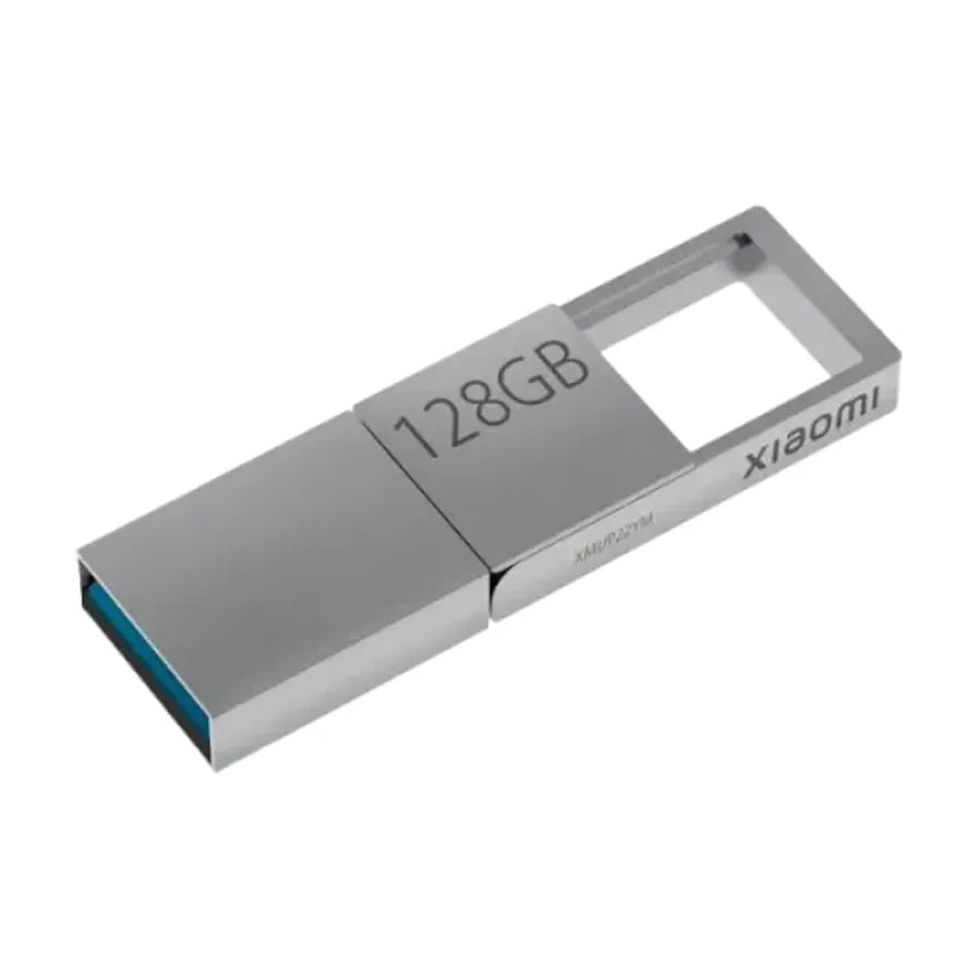 小米双接口U盘128GB全金属机身，展示USB - A接口端，表面刻有128GB和xiaomi标识。