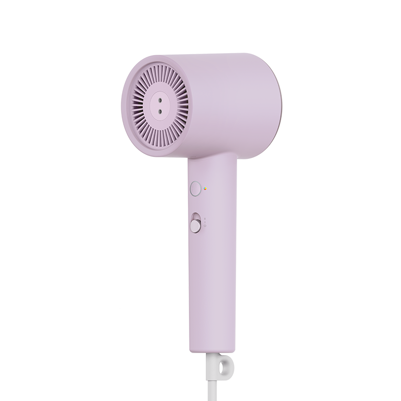 小米 H301 吹风机紫色款正面特写，展示进风口格栅与手柄控制按钮细节。