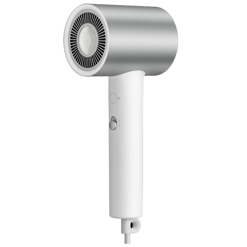 小米 H500 吹风机银白色正面特写，展示金属质感机身与手柄控制按钮细节