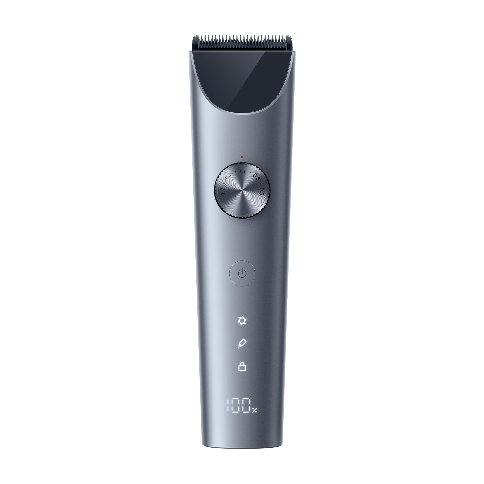 小米理发器深空灰正面特写，显示精钢陶瓷刀头、调节旋钮及 LED 电量数显屏。