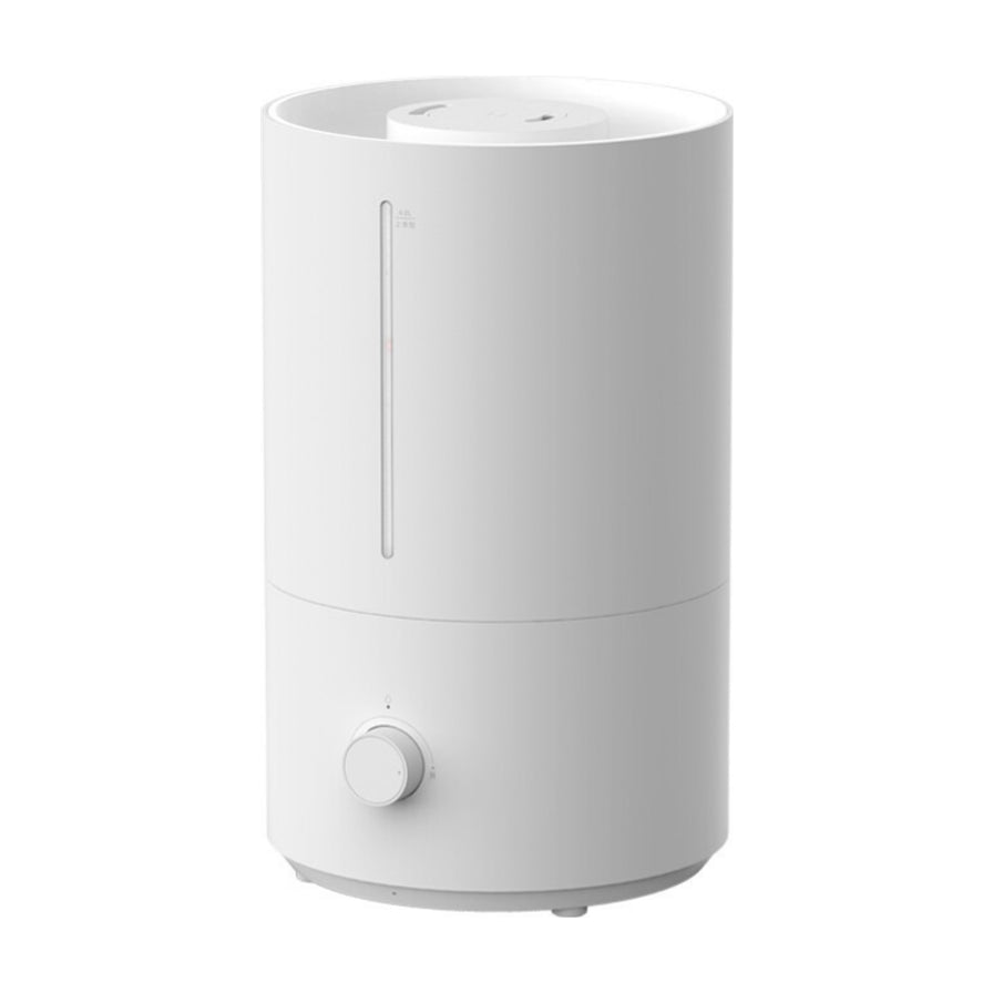小米米家加湿器2标准版，白色圆柱形简约设计，正面配有透明水位视窗和圆形控制旋钮。