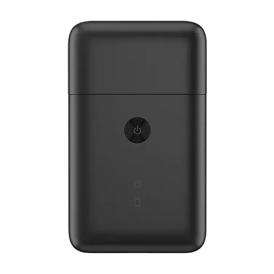 小米直白迷你便携式剃须刀正面特写，黑色机身展示电源键与指示灯细节。