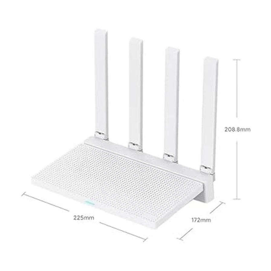 小米路由器 AX3000T 侧视图，标注产品尺寸为 225mm x 172mm x 208.8mm。
