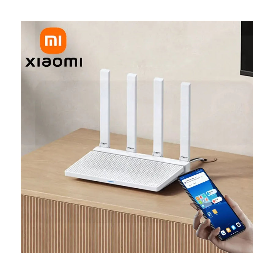 小米路由器 AX3000T 居家场景图，展示路由器放置在木质柜子上，旁边有人手持手机进行 NFC 一触即连操作。