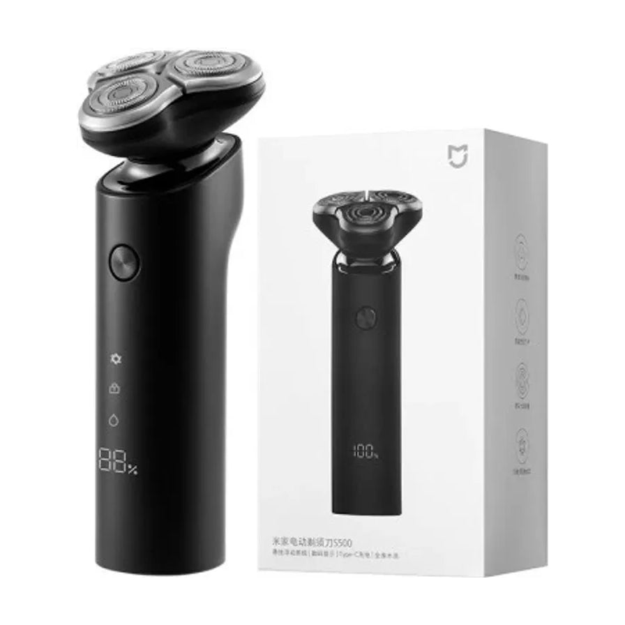 米家电动剃须刀 S500 黑色机身与白色包装盒展示，机身显示剩余电量百分比。