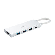 小米 Type - C 五合一扩展坞，银色铝合金机身，展示侧边三个 USB 3.0 接口、一个 Type - C 接口及前端 HDMI 接口，带有隐藏式收纳线材设计。