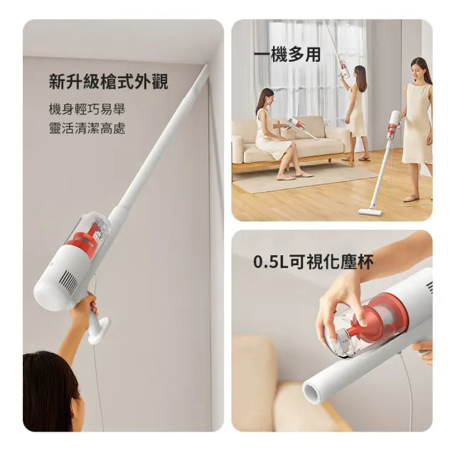小米吸尘器配件细节图，展示多种吸头组合及手持操作视角。