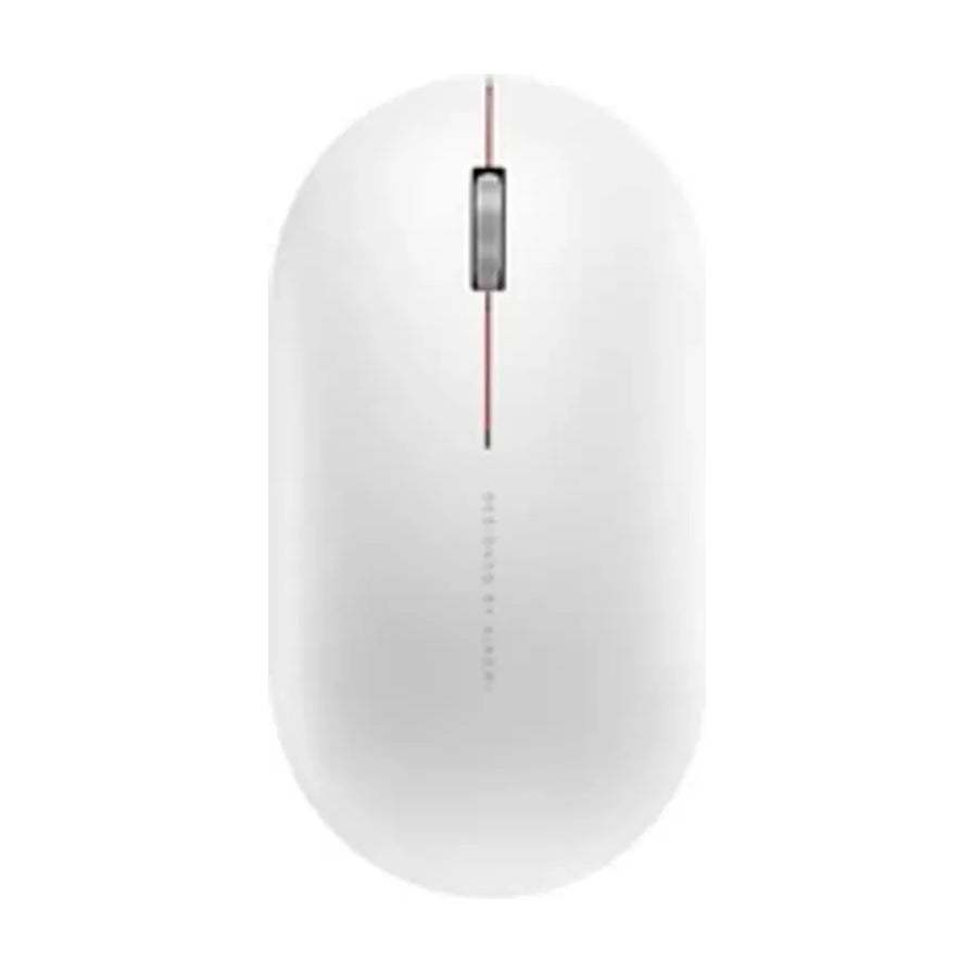 小米无线鼠标 Lite 2 白色款俯视图，展示极简设计、滚轮及 Designed by Xiaomi 字样。