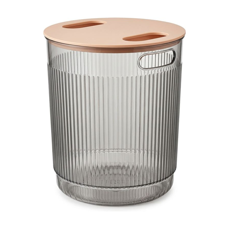杏韵晶钻垃圾桶，采用透明条纹质感设计，配有浅粉色带提手盖子，白色背景展示。