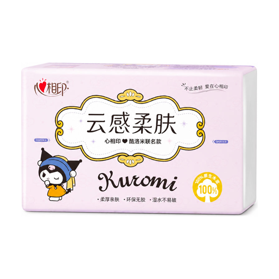 心相印三丽鸥联名款云感柔肤抽纸，紫色包装印有酷洛米卡通图案，白色背景正面展示图。