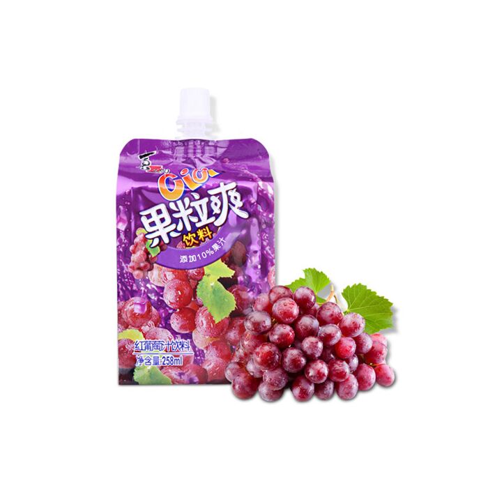 喜之郎 Cici 葡萄味果粒爽果汁饮料，258ml 便携吸嘴袋包装正面展示