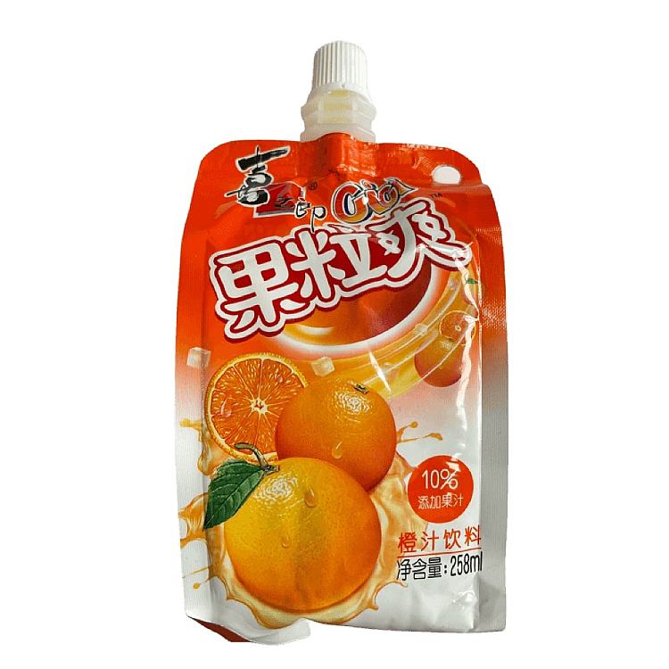 喜之郎 Cici 香橙味果粒爽果汁饮料，258ml 独立小包装吸嘴袋正面图
