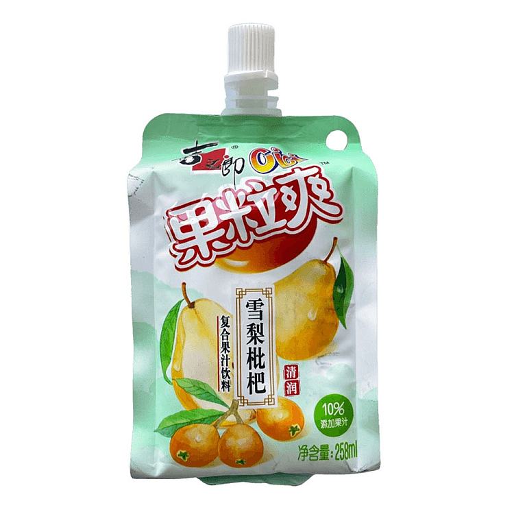 喜之郎 Cici 雪梨枇杷味果粒爽果汁饮料，258ml 旋转盖吸嘴袋包装正面图
