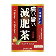 山本汉方减肥茶正面包装图，红色与黑色背景，印有杜仲叶、乌龙茶提取物及茶之花图案，标注24包规格及日本制造。