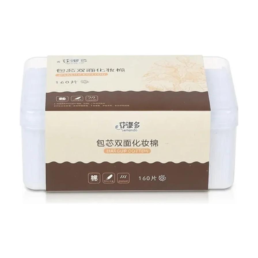 YAMANDO 花漫多包芯双面化妆棉 160 片装正面包装图，展示米色与棕色相间的盒身设计及品牌标识。