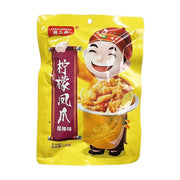 杨三叔柠檬凤爪酸辣味108g包装图，黄色袋装，印有卡通人物形象和柠檬凤爪实物图。