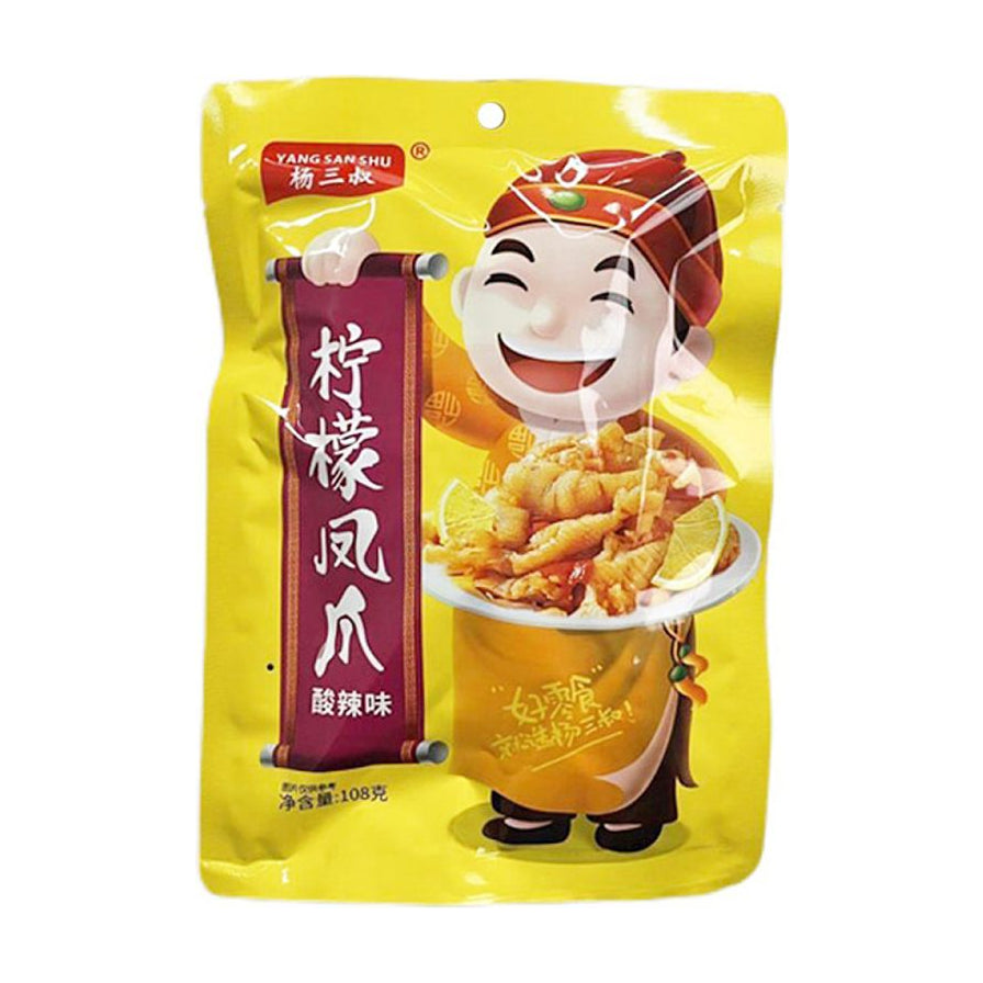 杨三叔柠檬凤爪酸辣味108g包装图，黄色袋装，印有卡通人物形象和柠檬凤爪实物图。