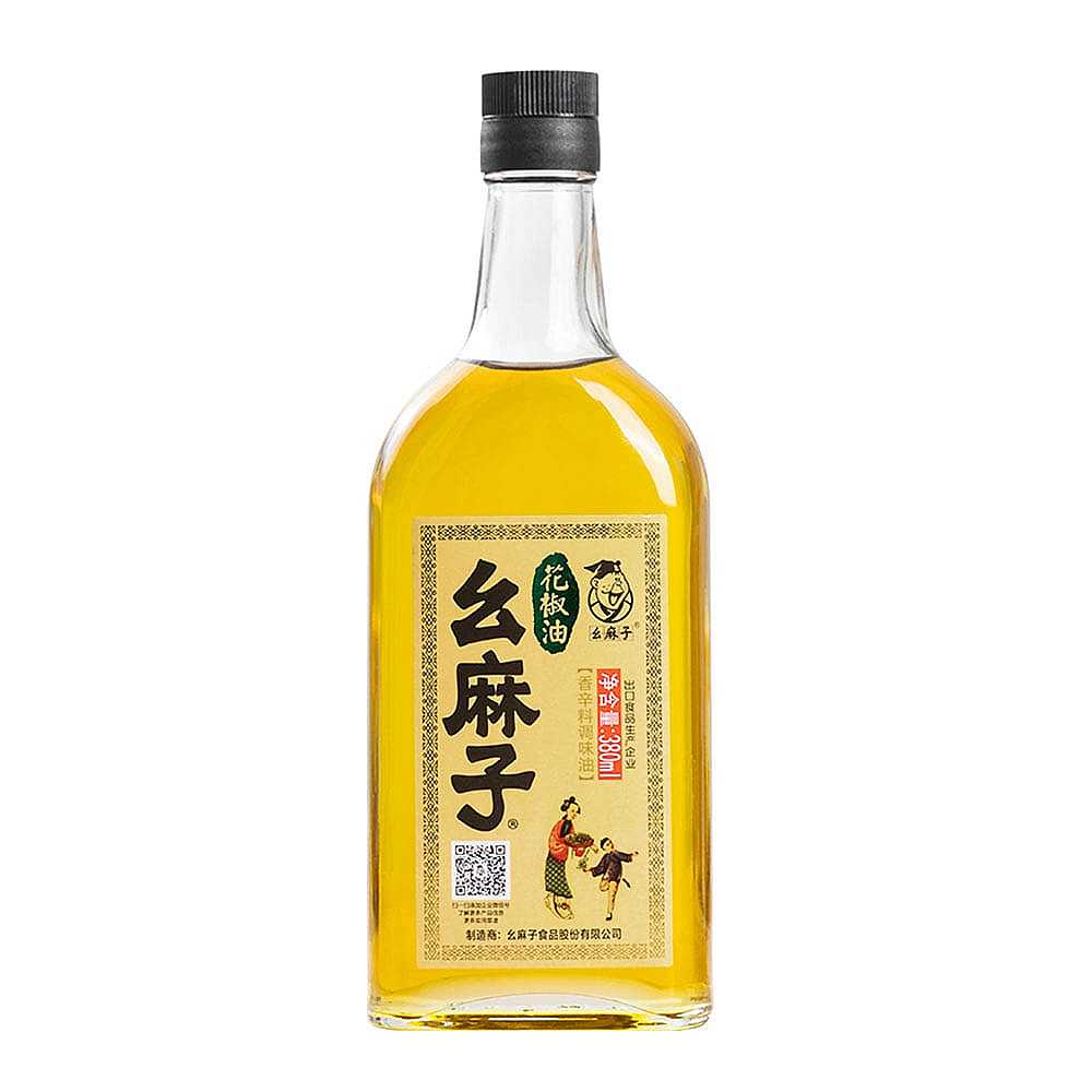 幺麻子藤椒油 380ml 瓶装正面图，绿色标签清晰展示品牌与容量