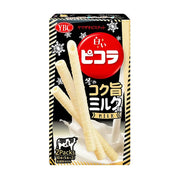 YBC牛奶味蛋卷包装正面图，展示了三根酥脆的白色蛋卷和牛奶飞溅的图案，包装上有红色圆形Logo和日文标识。