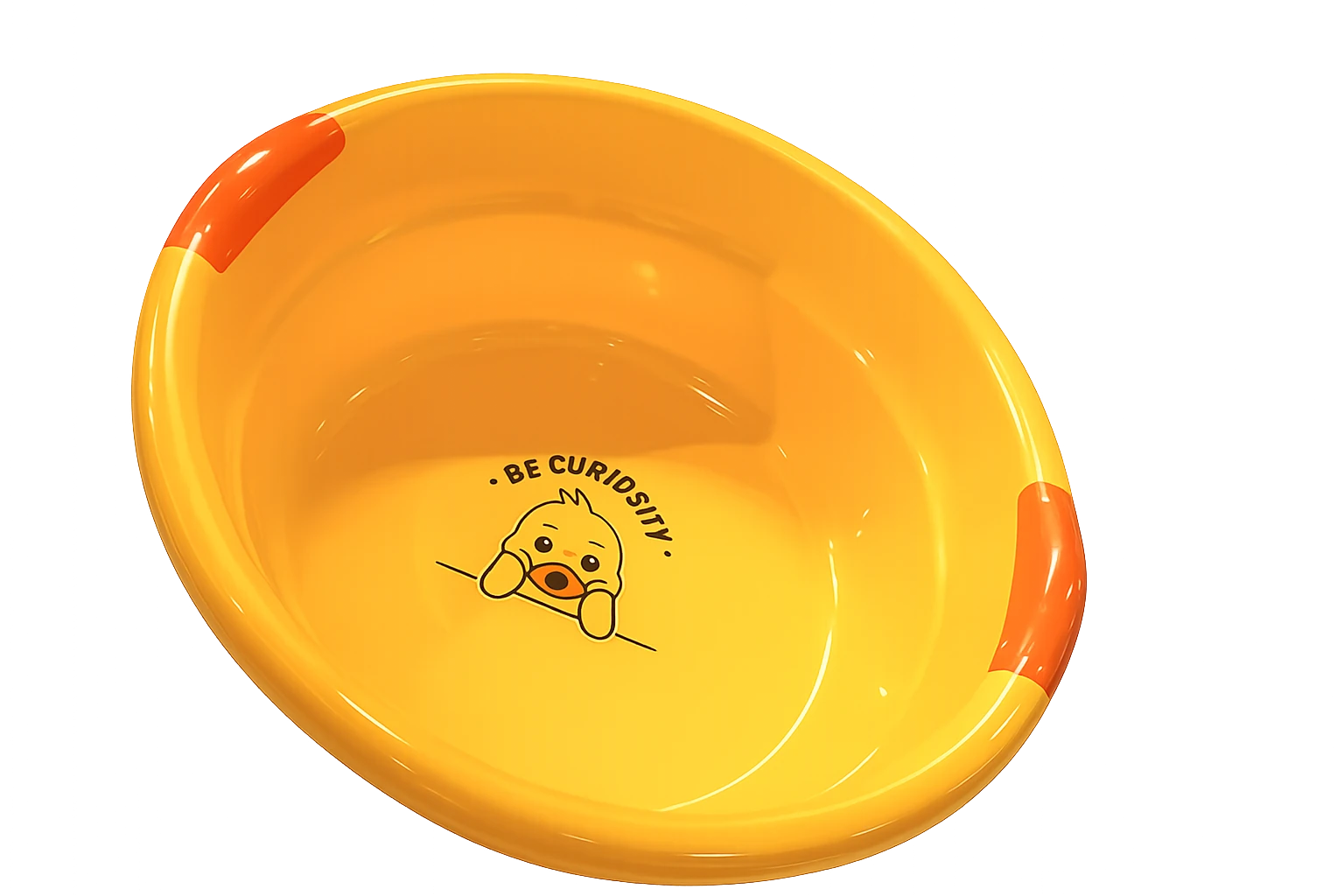 黄色卡通小鸡图案脸盆正面图，展示双侧防滑握把和加厚盆身细节